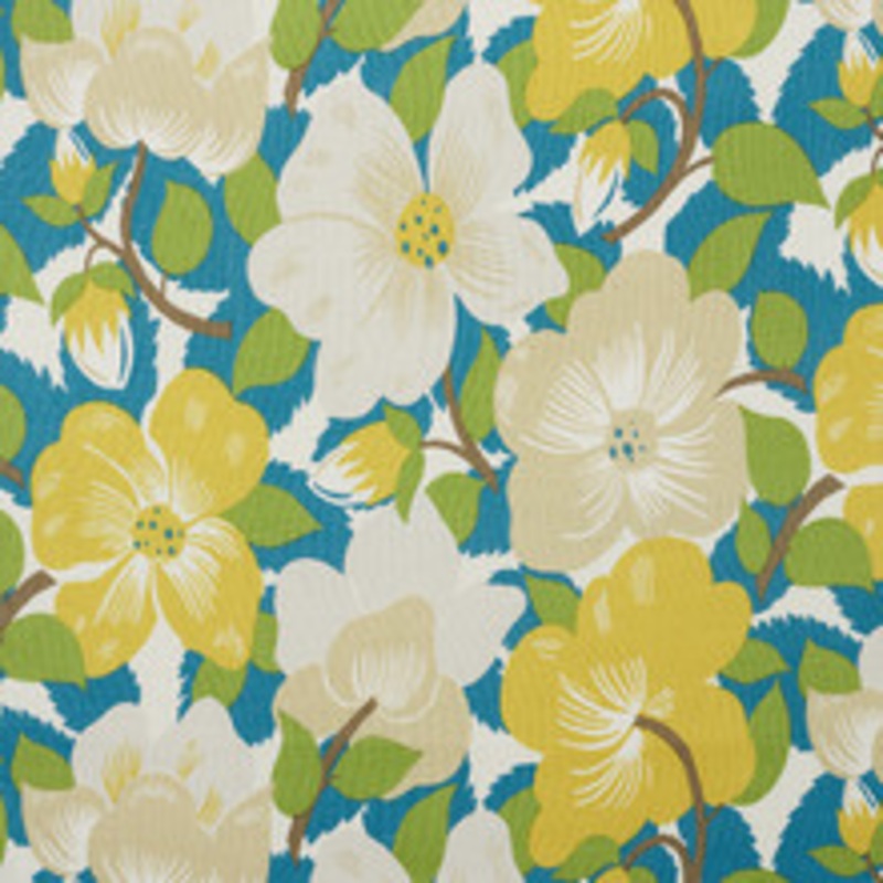 Schumacher Fabric Magnolias Citron & Peacock 177560