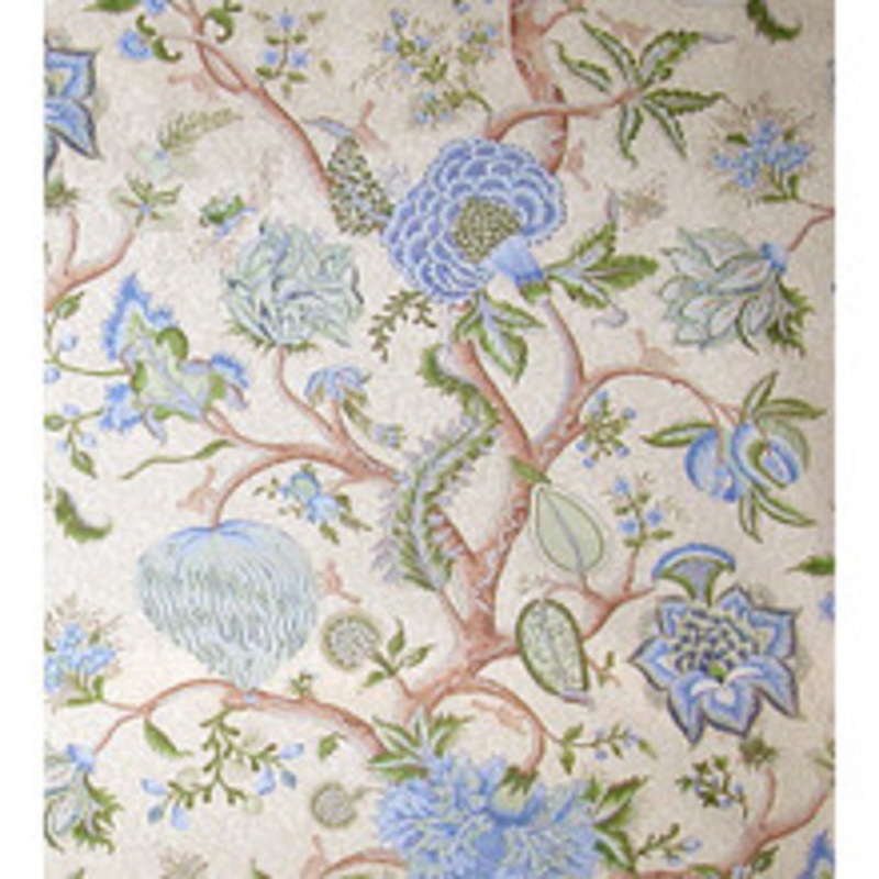 Scalamandre
 Fabric Pondicherry Cotton Print/Blue, Green On Cream Sc 000316430