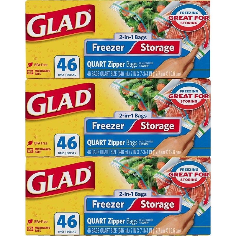 Glad Food Storage and Freezer 2 in 1 Zipper Bags – Quart Size.