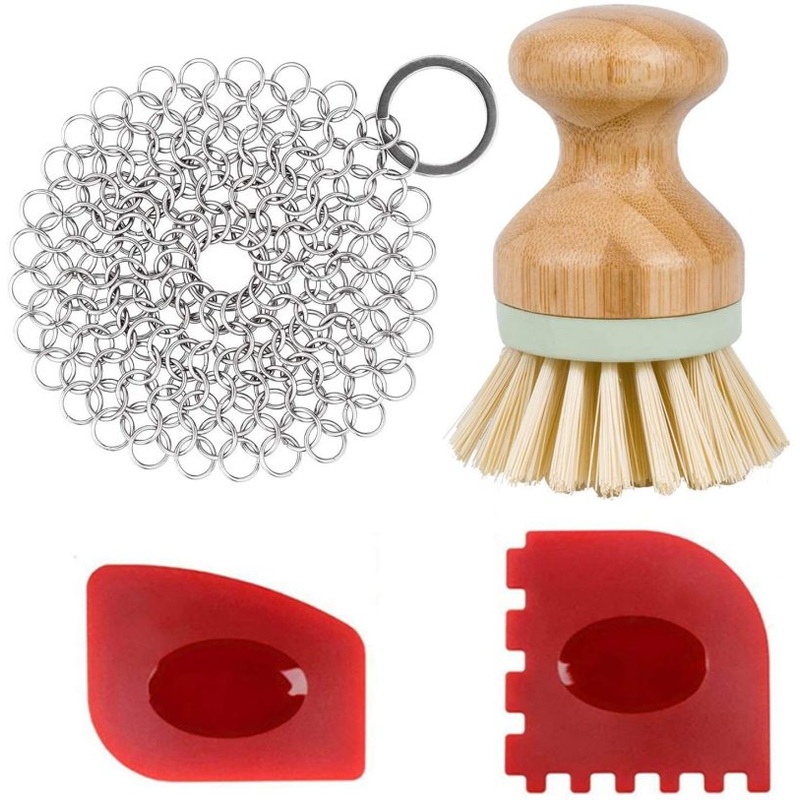 Cast Iron Cleaner kit, Wood Scrub Cleaning Brush, Stainless Steel Chainmail Scrubber | Bigbigmart.com