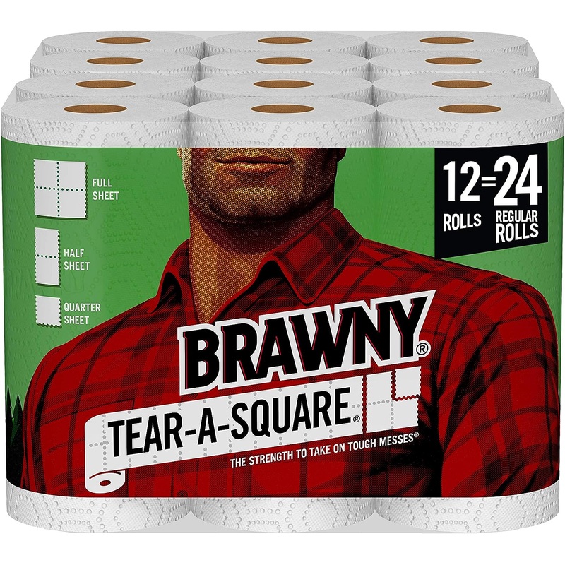 Brawny Tear-A-Square Paper Towels, 12 Double Rolls = 24 Regular Rolls, 3 Sheet Size Options, Quarter Size Sheets | Bigbigmart.com
