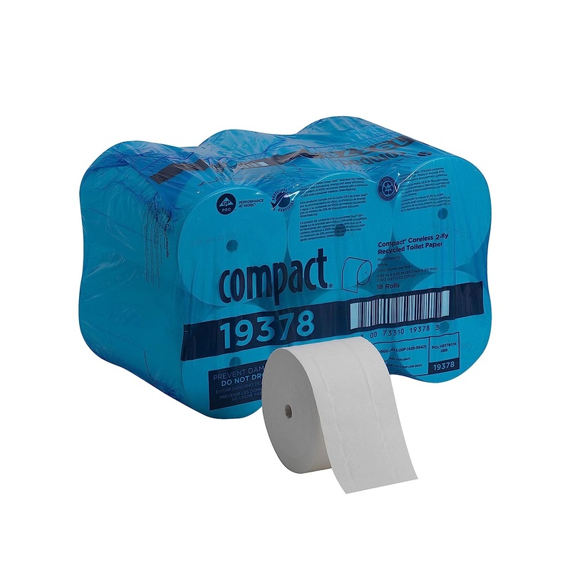Compact Coreless 2-Ply Recycled Toilet Paper by GP PRO (Georgia-Pacific), 19378, 1,500 Sheets Per Roll, 18 Rolls Per Case | Bigbigmart.com
