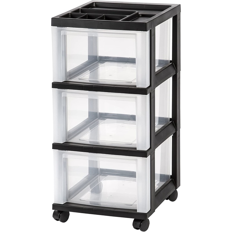 IRIS USA MC Plastic Storage Drawer, Rolling Cart with Organizer Top, 3, Black | Bigbigmart.com