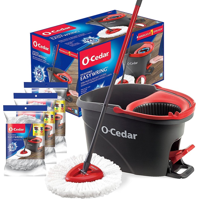 O-Cedar Easywring Microfiber Spin Mop & Bucket Floor Cleaning System with 3 Extra Refills | Bigbigmart.com