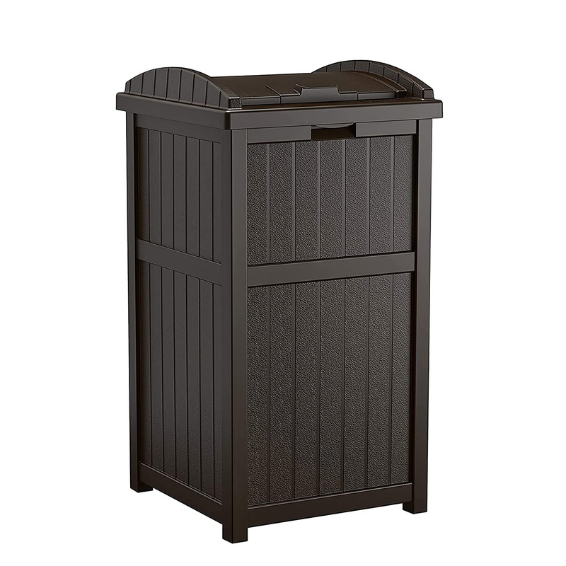 Suncast 33 Gallon Can Resin Outdoor Trash Hideaway with Lid Use in Backyard, Deck, or Patio, Brown | Bigbigmart.com