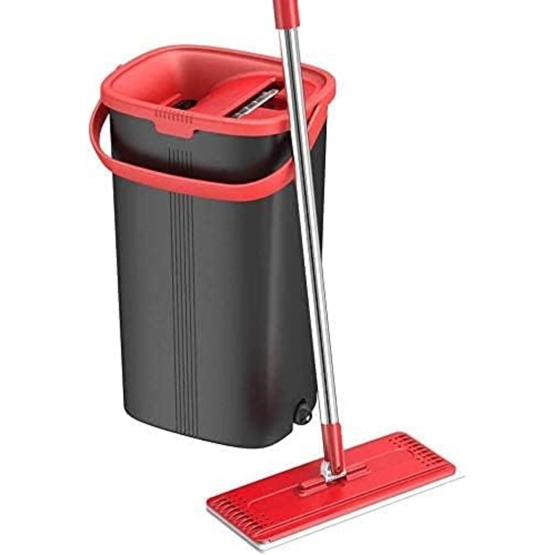 TETHYS Flat Floor Mop and Bucket Set for Professional Home Floor Cleaning System with Aluminum Handle/2-Washable Microfiber Pads Perfect Home + Kitchen Cleaner for Hardwood, Laminate, Tiles, Vinyl | Bigbigmart.com