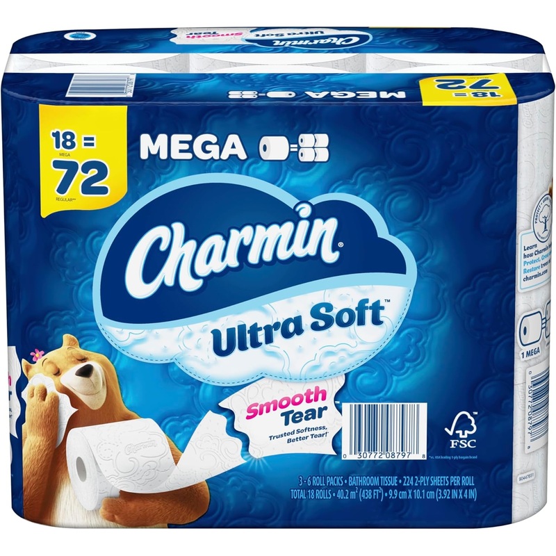 Charmin Ultra Soft 2-Ply Mega Roll Toilet Paper, 4 x 4, White, 224 Sheets Per Roll, Pack Of 18 Rolls | Bigbigmart.com