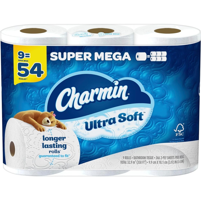 Charmin Ultra Soft Super Mega 2-Ply Toilet Paper Rolls, 4 x 4-1/2, White, 366 Sheets Per Roll, Pack Of 9 Rolls | Bigbigmart.com