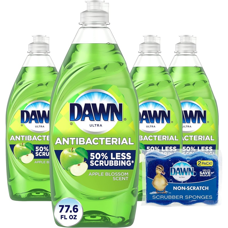 Dawn Dish Soap, Antibacterial Hand Soap, Dishwashing Liquid, Apple Blossom Scent,19.4 Oz, Pack Of 4 + 2 Sponges | Bigbigmart.com