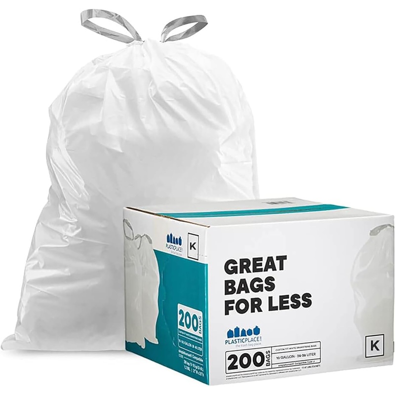 Plasticplace Custom Fit Trash Bags, Compatible with simplehuman Code K (200 Count) White Drawstring Garbage Liners 10 Gallon / 38 Liters, 24 x 28 | Bigbigmart.com