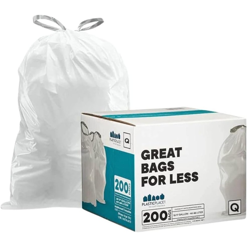 Plasticplace Custom Fit Trash Bags, Compatible with simplehuman Code Q (200 Count) White Drawstring Garbage Liners 13-17 Gallon, 25 x 32.5 | Bigbigmart.com