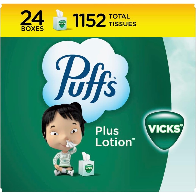 Puffs Plus Lotion with Vicks Facial Tissues, 24 Cubes, 48 Tissues per Box | Bigbigmart.com