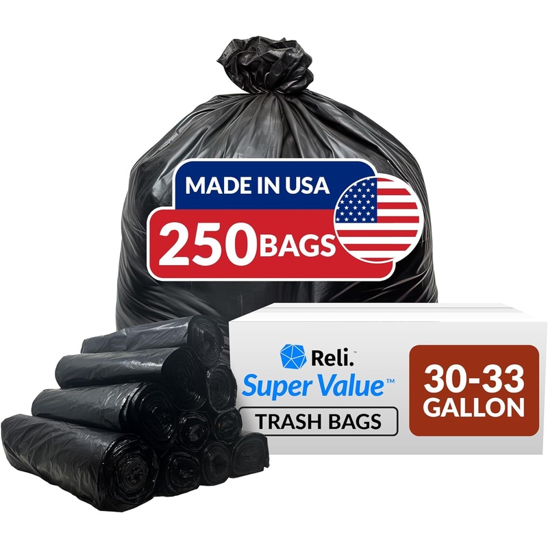 Reli. 30-33 Gallon Trash Bags Heavy Duty | 250 Bags Bulk | Black Large Trash Bags 30+, 32 Gallon | Made in USA | Bigbigmart.com