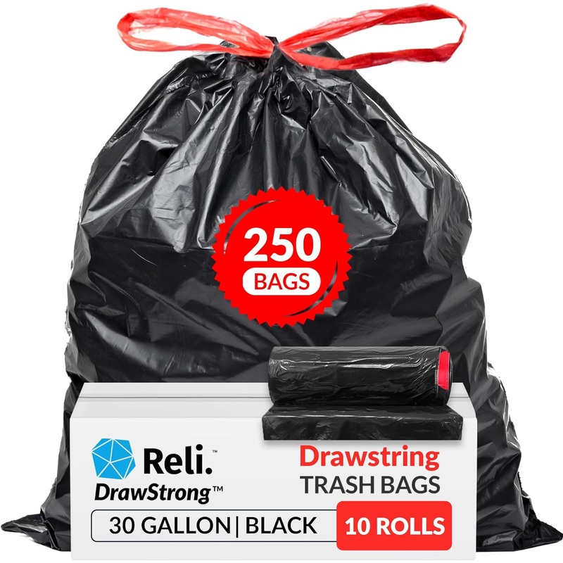 Reli. 30 Gallon Trash Bags Drawstring | 250 Count Bulk | Black | 30 Gallon Garbage Bags Heavy Duty | Large | Bigbigmart.com