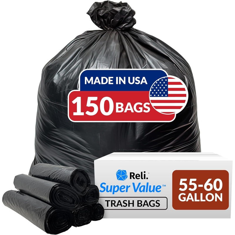 Reli. 55-60 Gallon Trash Bags Heavy Duty | 150 Bags | 50-60 Gallon | Large Black Garbage Bags | Made in USA | Bigbigmart.com
