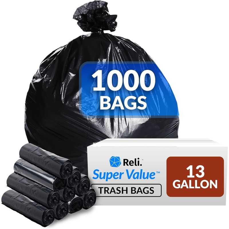 Reli. SuperValue 13 Gallon Trash Bags | 1000 Count Bulk | Tall Kitchen | Can Liners | Black Multi-Use Garbage Bags | Bigbigmart.com