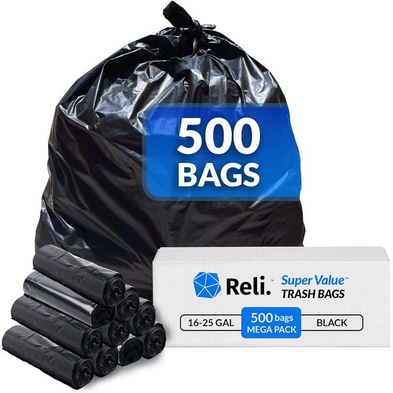 Reli. SuperValue 16-25 Gallon Trash Bags | 500 Count Bulk | Black Multi-Use Garbage Bags | Bigbigmart.com
