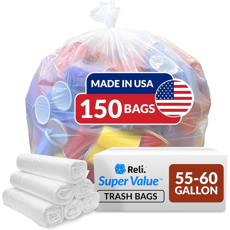 Reli. SuperValue Trash Bags (150 Count Bulk), Made in USA – Clear Heavy Duty 55 Gallon – 60 Gallon Garbage Bag | Bigbigmart.com