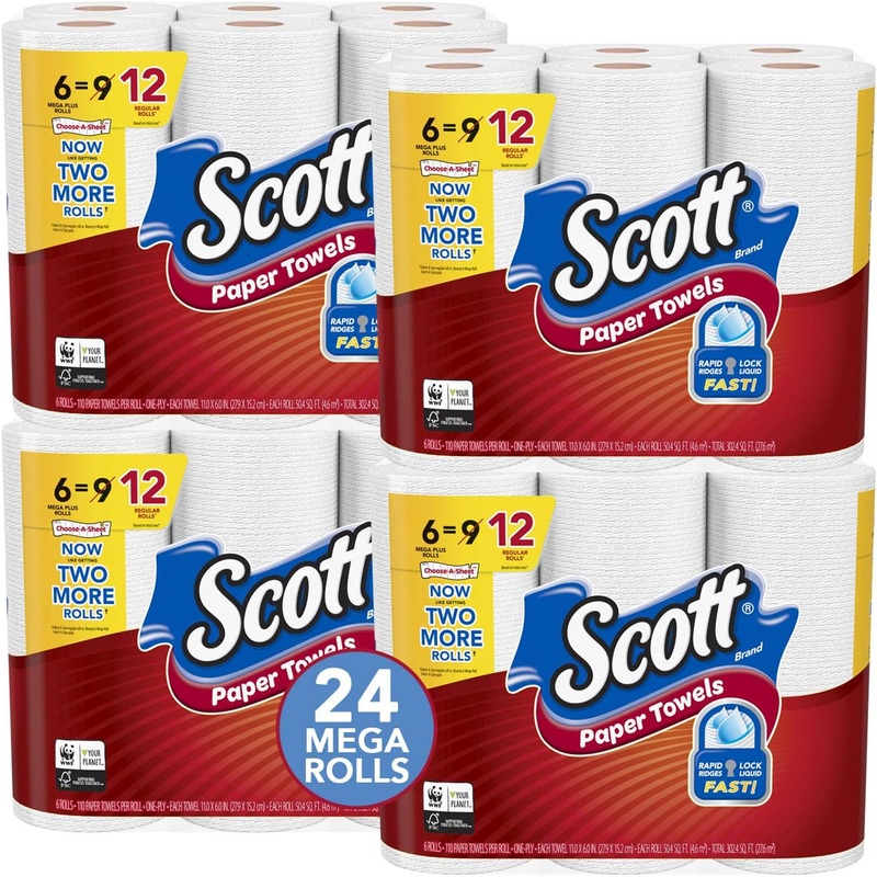 Scott Paper Towels Choose-A-Sheet, 4 Packs of 6 Mega Plus Rolls (24 Mega Rolls), White | Bigbigmart.com