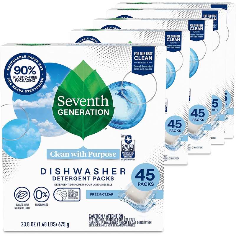 Seventh Generation Dishwasher Detergent Packs Free & Clear Pack of 5 for sparkling dishes Dishwasher tabs 45 count | Bigbigmart.com