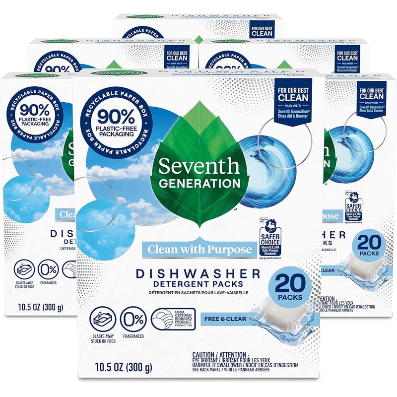 Seventh Generation Dishwasher Detergent Packs Free & Clear Pack of 6 for sparkling dishes Dishwasher tabs, 20 count | Bigbigmart.com