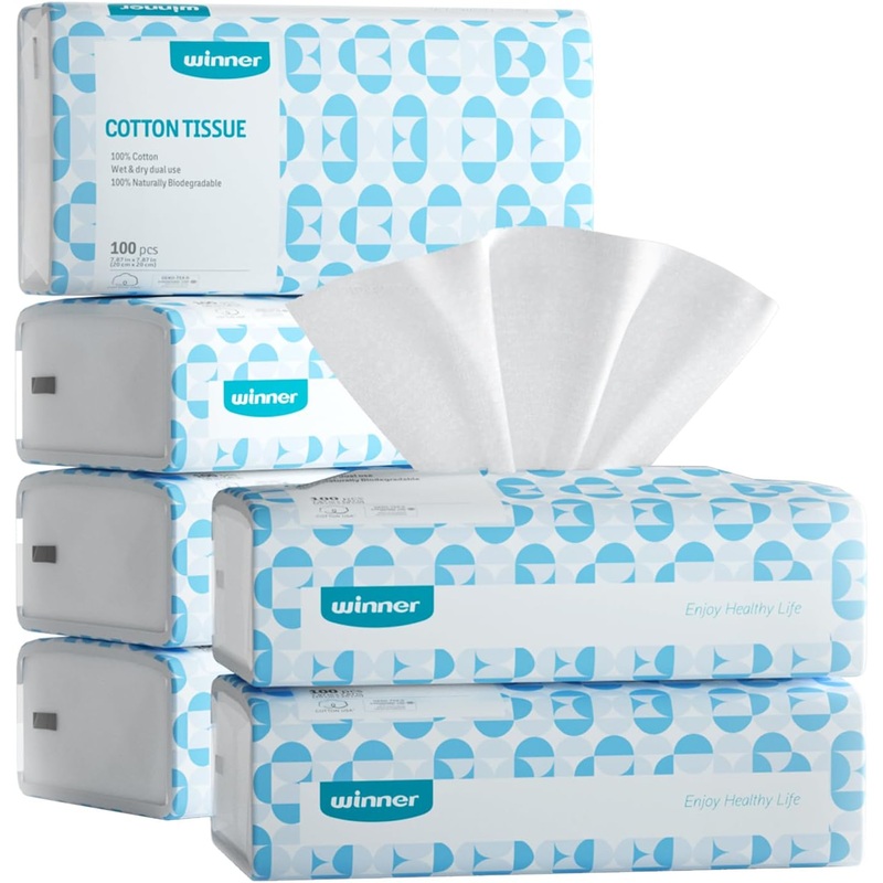 Winner Soft Face Towels – 100% USA Cotton Dry Wipes, 600 Count Unscented Cotton Tissues for Sensitive Skin, OEKO-TEX Certified Face Towelettes Disposable, Makeup Remover Facial Towels, 6 Pack | Bigbigmart.com