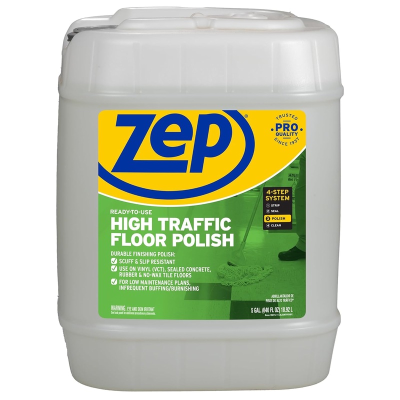 Zep High Traffic Floor Polish – 5 Gal (1 Pail) ZUHTFF5G – Scuff and Slip Resistant Durable Floor Finishing Polish for Vinyl (VCT), Sealed Concrete, Rubber, Tile, and Terrazzo Floors | Bigbigmart.com