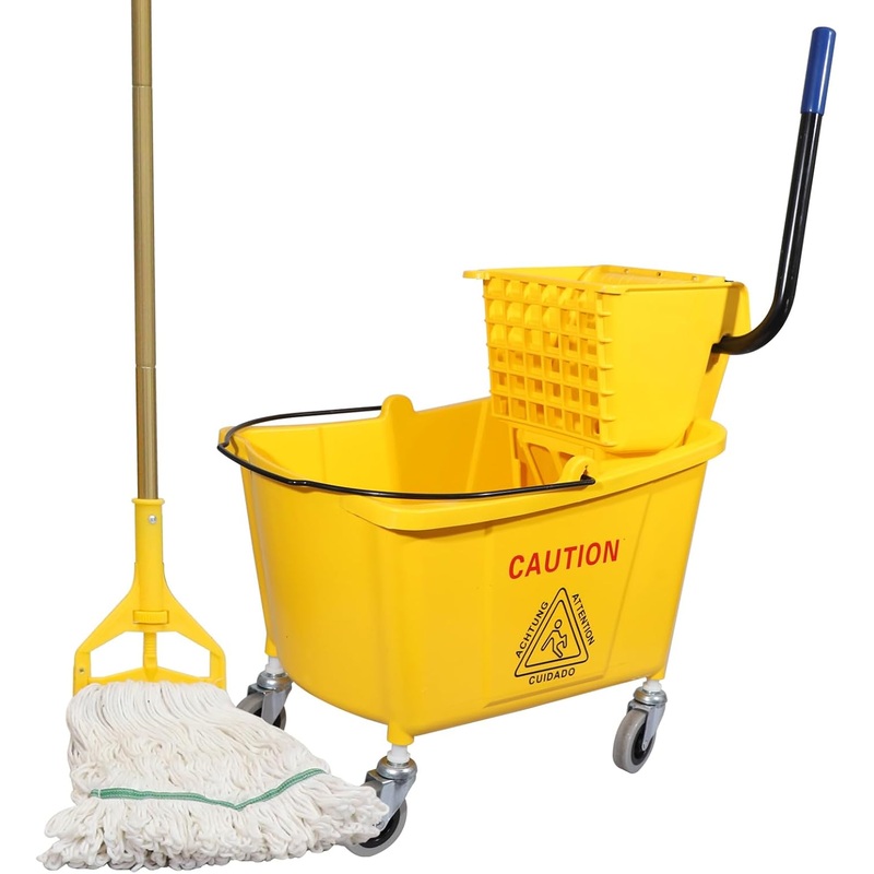 Commercial Mop Bucket with Side-Press Wringer for Floor Cleaning, 35 Quarts, Yellow, Including One Commercial Mop | Bigbigmart.com