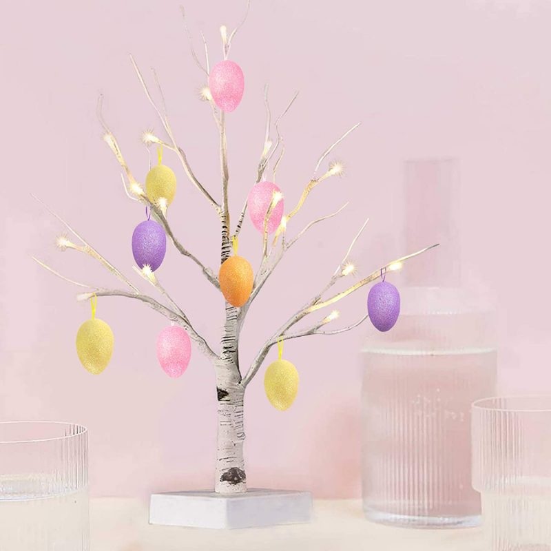 Fsforcar 24 2FT White Lighted Birch Tree with Set of 12 Hanging Easter Glitter | Bigbigmart.com