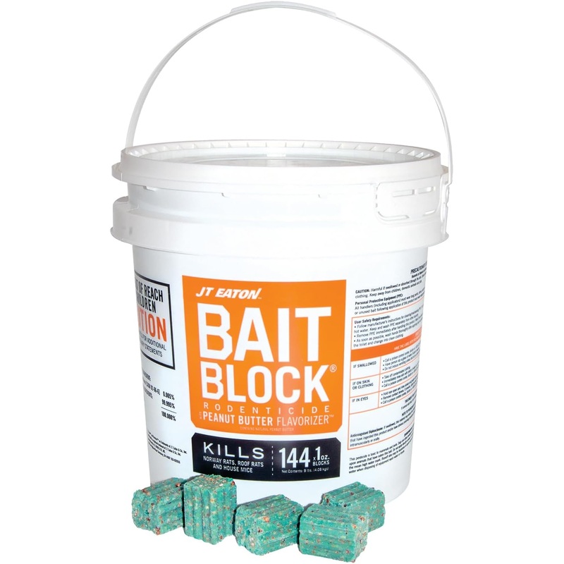 JT Eaton Anticoagulant Rodenticide Bait Block for Mice and Rats, Made in USA, Peanut Butter Flavor, 9 lb Pail of 144 Blocks | Bigbigmart.com