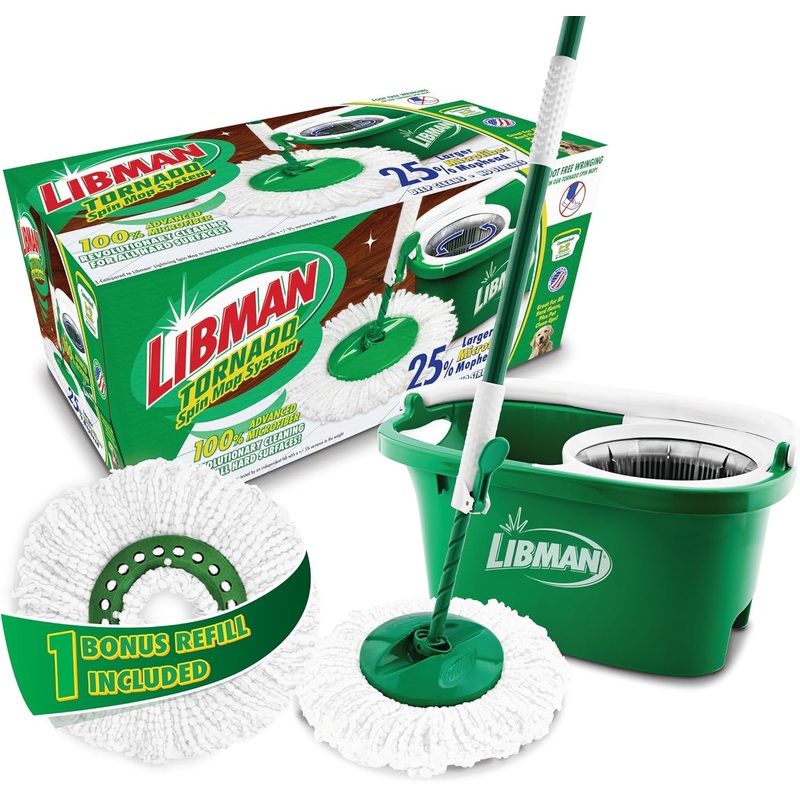 Libman Tornado Spin Mop System, Spinning Floor Mopping and Bucket with Wringer Set for Home, Hardwood, Laminate, Tile Cleaning, Includes 3 Machine Washable Replacement Head Refills (4 Total) | Bigbigmart.com