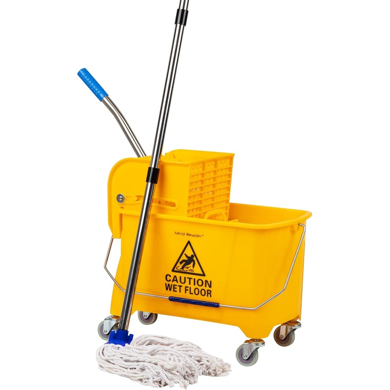 Mind Reader Bucket with Wringer and Mop Set, 22 Qt (5.5 Gallon), Floor Cleaning, Wheels, 16.25 L x 10.75 W x 24.5 H, Yellow | Bigbigmart.com