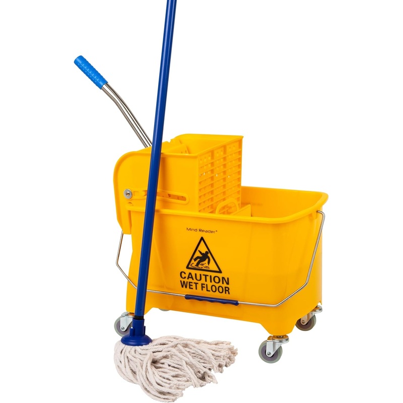 Mind Reader Mop Bucket with Wringer, 22 Qt (5.5 Gallon), Floor Cleaning, Handle, Wheels, 16.25L x 10.75W x 24.5H, Yellow | Bigbigmart.com