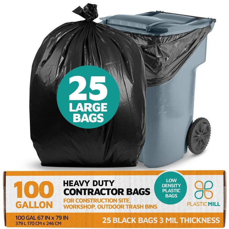 PlasticMill 67 in. W x 79 in. H. 100 Gal. 3 mil Black Contractor Bags (25-Count) | Bigbigmart.com