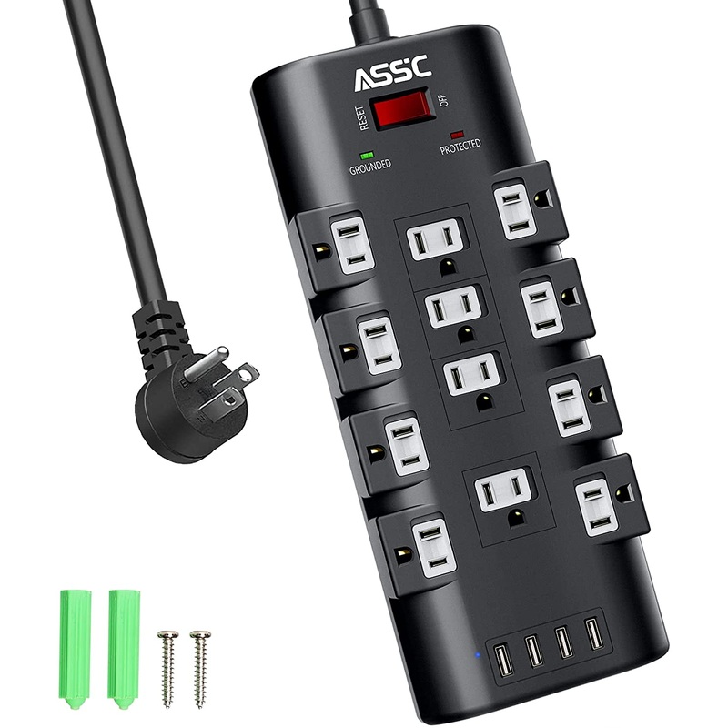 Power Strip, ASSC Surge Protector with 12 AC Outlets & 4 USB Ports, (1875W/15A), Black | Bigbigmart.com