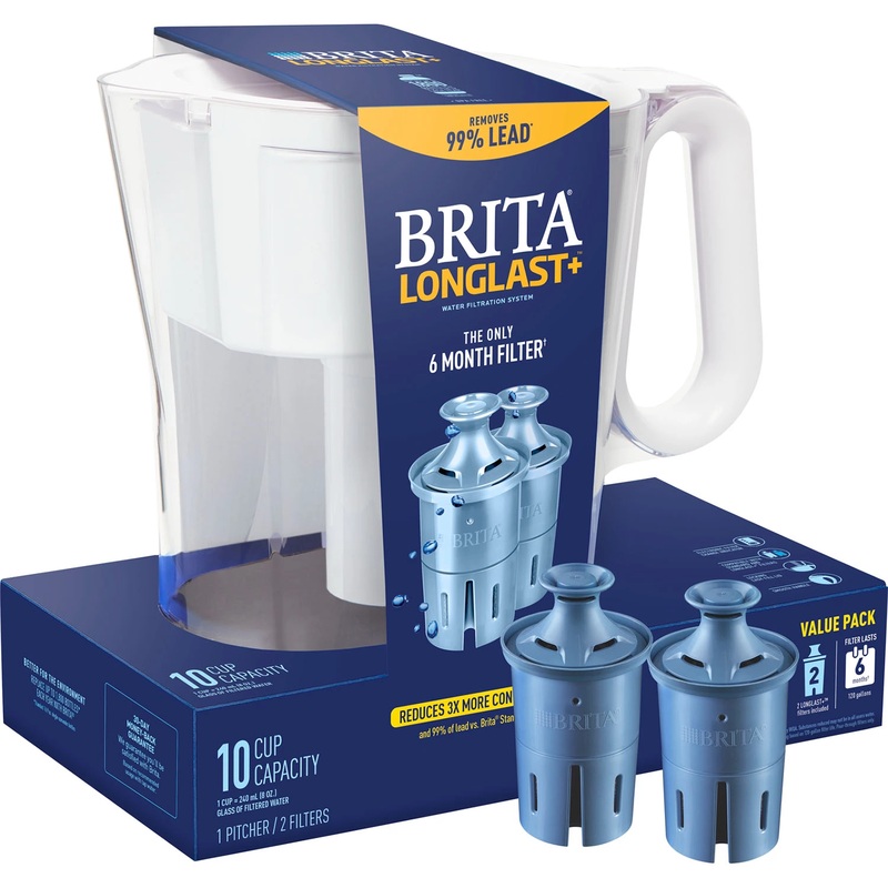 Brita Large 10-Cup Water Filter Pitcher with 2 Longlast+ Filters, Wave (White) | Bigbigmart.com