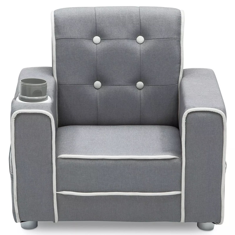 Delta Children Chelsea Kids’ Upholstered Chair with Cup Holder, Soft Grey | Bigbigmart.com