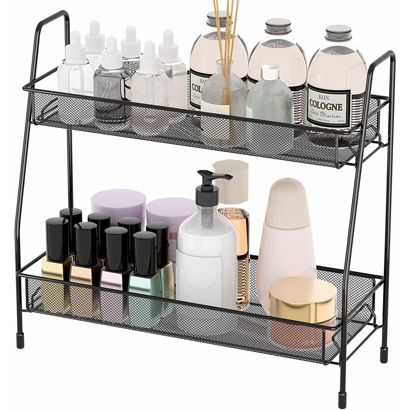 EKNITEY Spice Rack Organizer for Countertop, 2 Tier Bathroom Shelf, Black | Bigbigmart.com