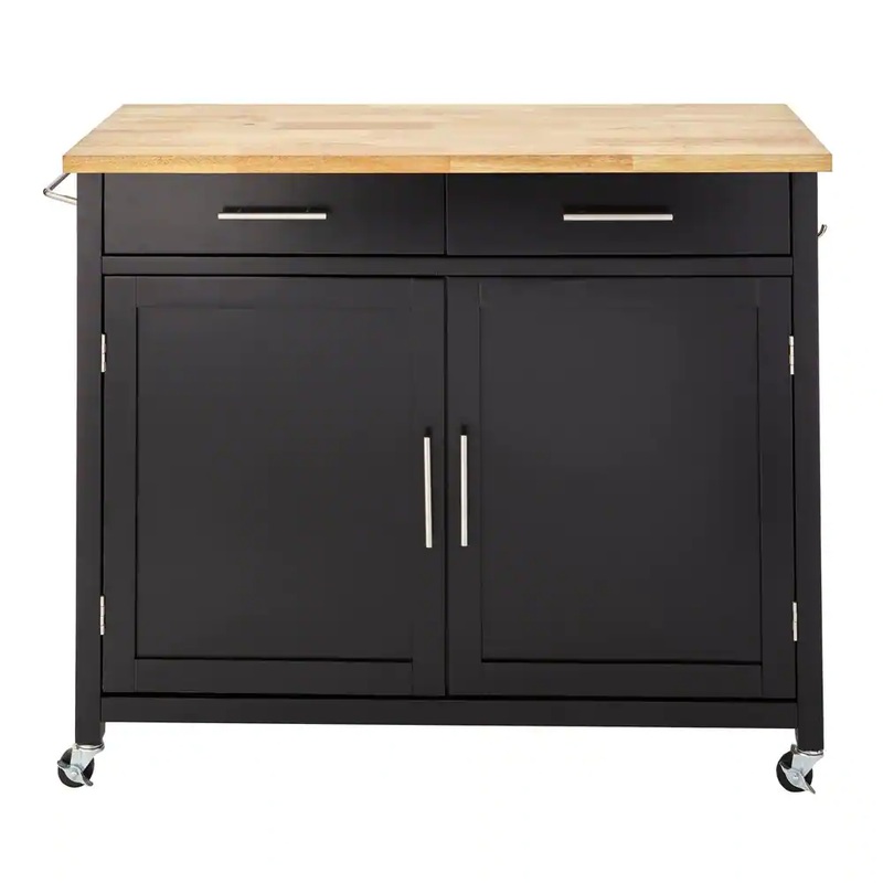 Glenville Black Double Drawer Kitchen Cart with Butcher Block Top and Locking Wheels (42 W) | Bigbigmart.com