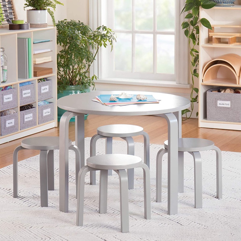 Guidecraft Nordic Table and Chairs Set for Kids: Gray – Stacking Bentwood Stools with Curved Wood Activity Play Table – Children’s Modern Kitchen, Playroom and Classroom Furniture | Bigbigmart.com