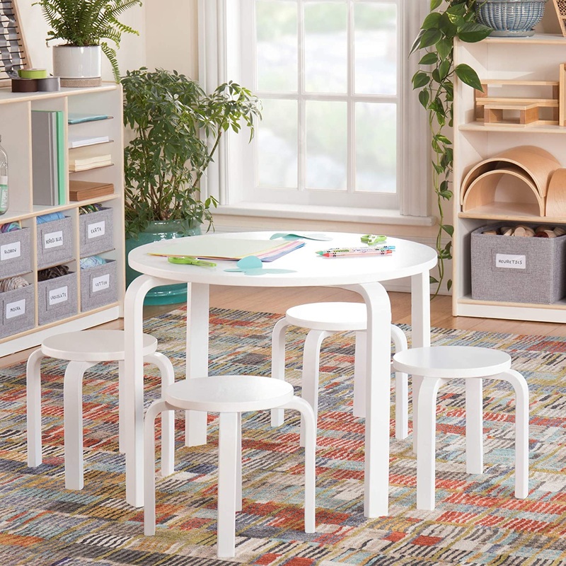 Guidecraft Nordic Table and Chairs Set for Kids: White – Stacking Bentwood Stools with Curved Wood Toddler Activity Table – Children’s Modern Bedroom, Playroom, and Living Room Furniture | Bigbigmart.com