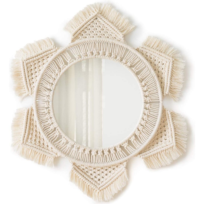 Mkono Hanging Wall Mirror with Macrame Fringe Round Boho Mirror Art Decor | Bigbigmart.com