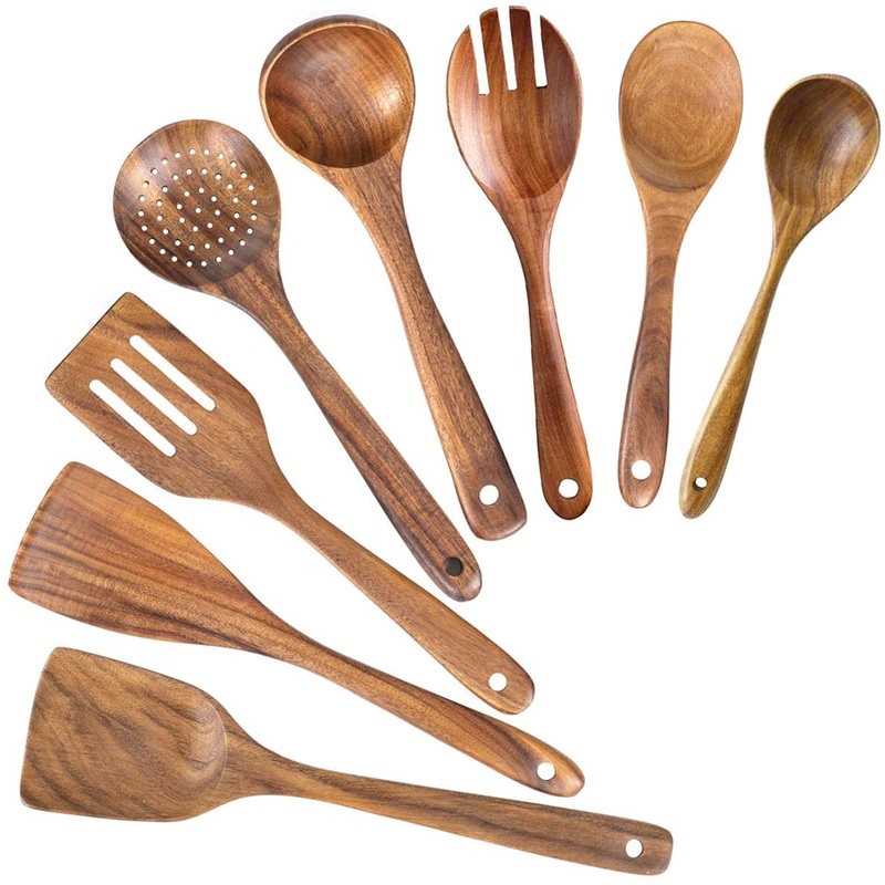 Wooden Spoons for Cooking, Nonstick Kitchen Utensil Set (Teak 8 Pack) | Bigbigmart.com