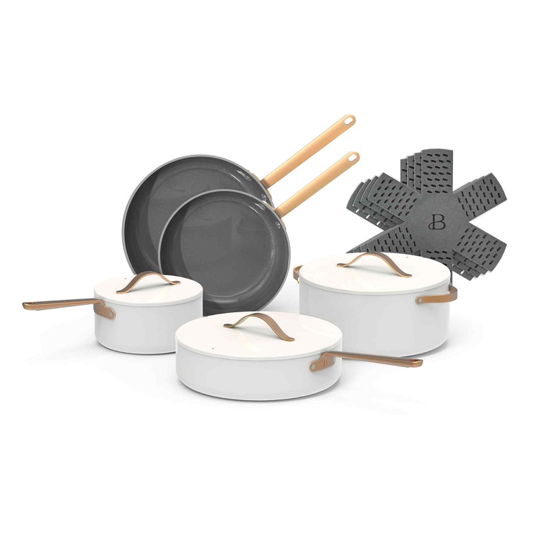 Beautiful 12pc Ceramic Non-Stick Cookware Set, White Icing, by Drew Barrymore | Bigbigmart.com