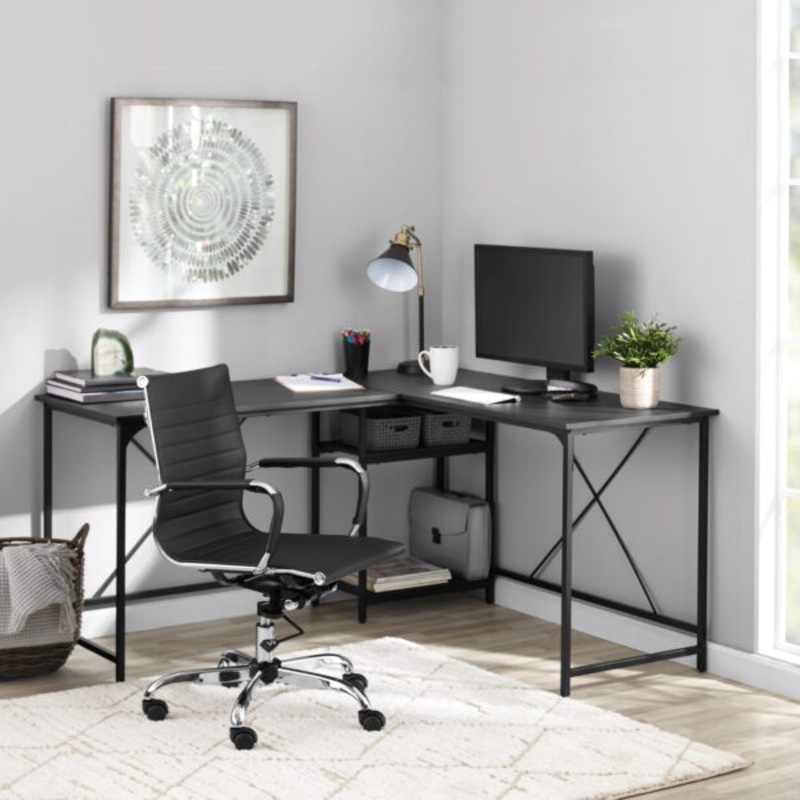 Mainstays Two-Way Convertible Desk with Lower Storage Shelf, Charcoal Finish and Black Metal Frame | Bigbigmart.com