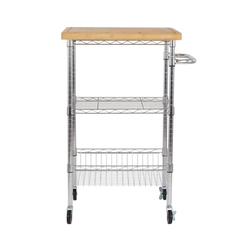 Style Selections Chrome Steel Base with Wood Top Rolling Kitchen Cart (24-in x 19.7-in x 38-in) | Bigbigmart.com