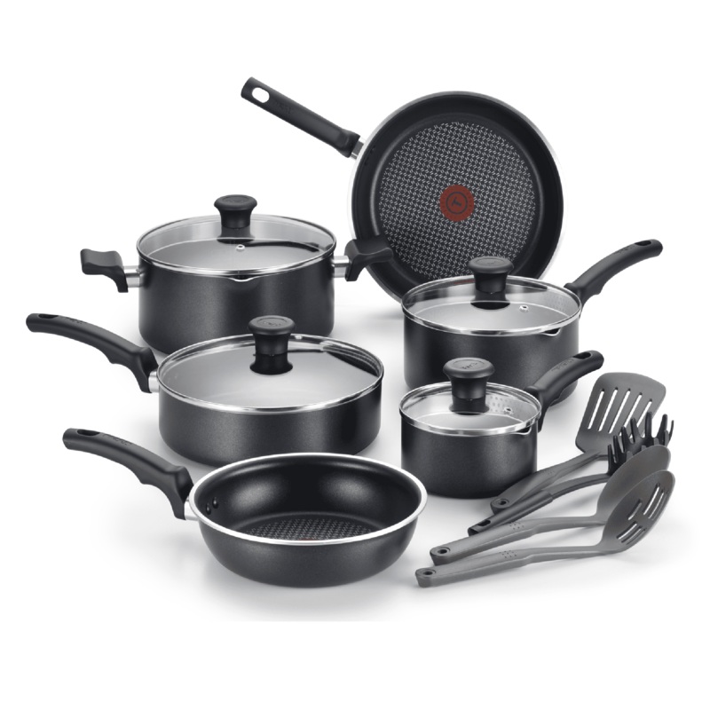 T-fal Cook & Strain Nonstick Cookware Set, 14 piece Set, Black, Dishwasher Safe | Bigbigmart.com