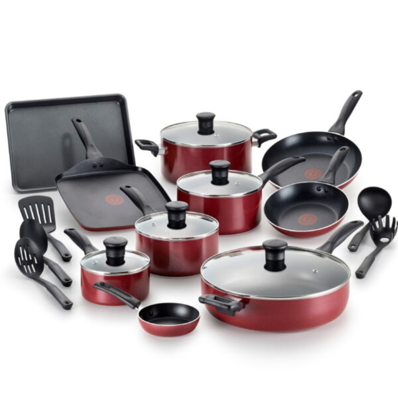T-Fal Easy Care Thermo-Spot 20 Piece Non-Stick Dishwasher Safe Cookware Set, Red | Bigbigmart.com