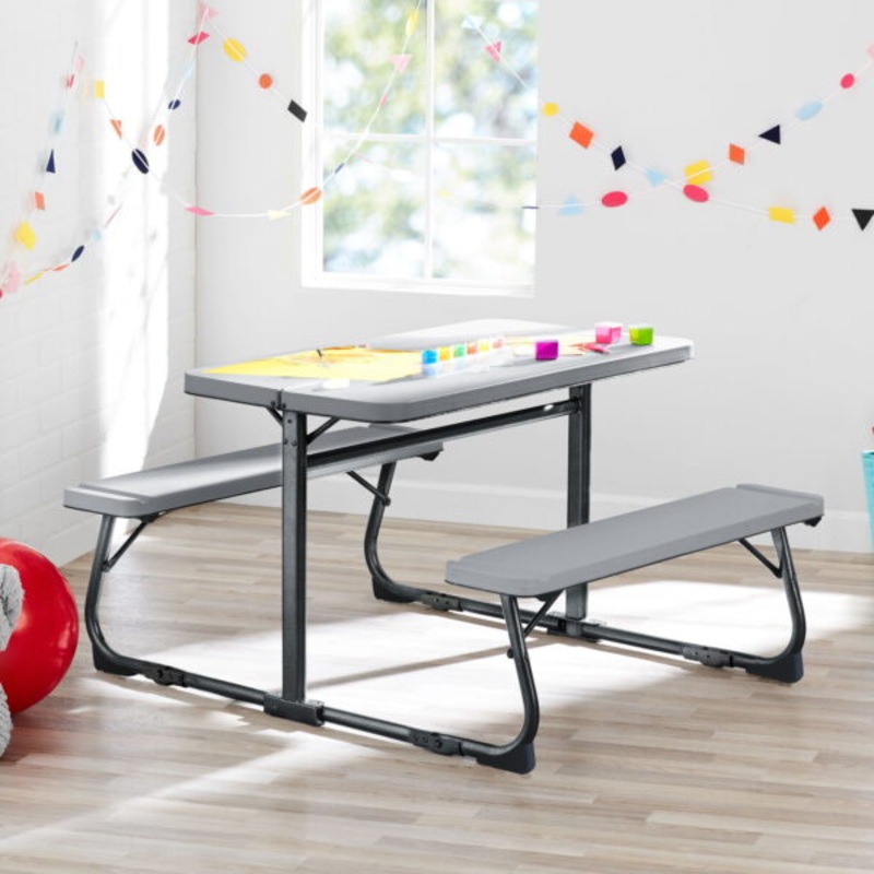 Your Zone Folding Kid’s Activity Table with Gray Texture Surface, Steel and Plastic, Multi-Functional, 33.11 x 40.94 x 21.85 | Bigbigmart.com