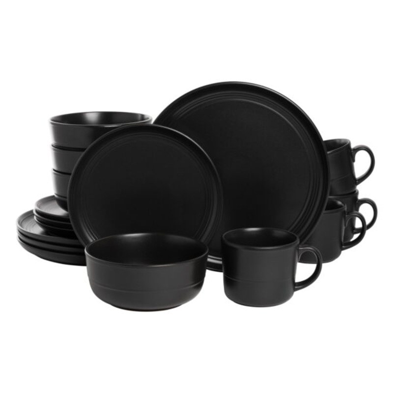 10 Strawberry Street Double Line 16 Piece Stoneware Dinnerware Set, Matte Black | Bigbigmart.com